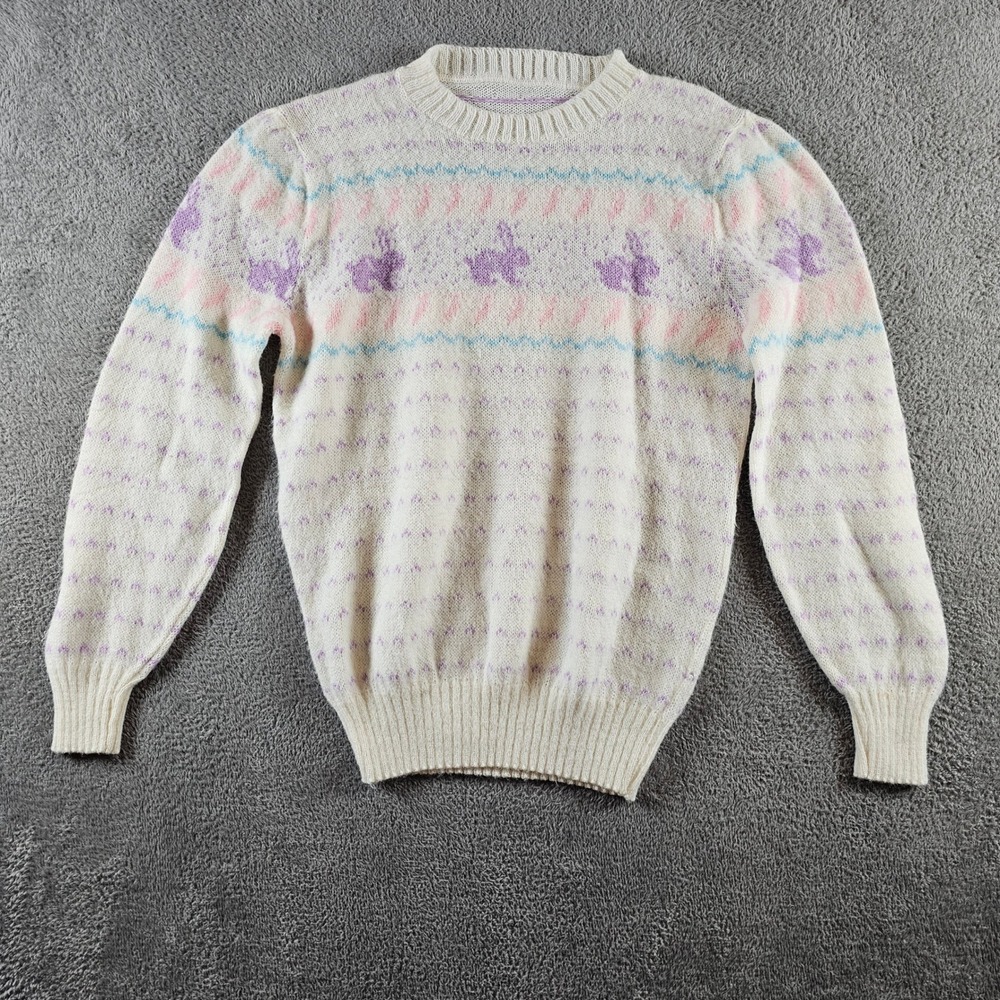 Vintage Pastel Bunny Rabbit Fair Isle Knit‎ Sweater Cream Lavender Pink M